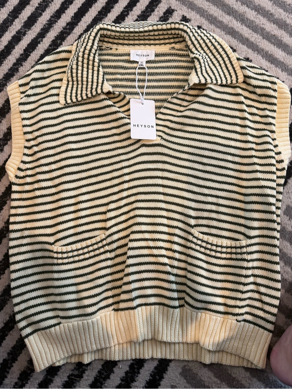 Heyson Striped Knit Polo Vest - Cream & Dark Green